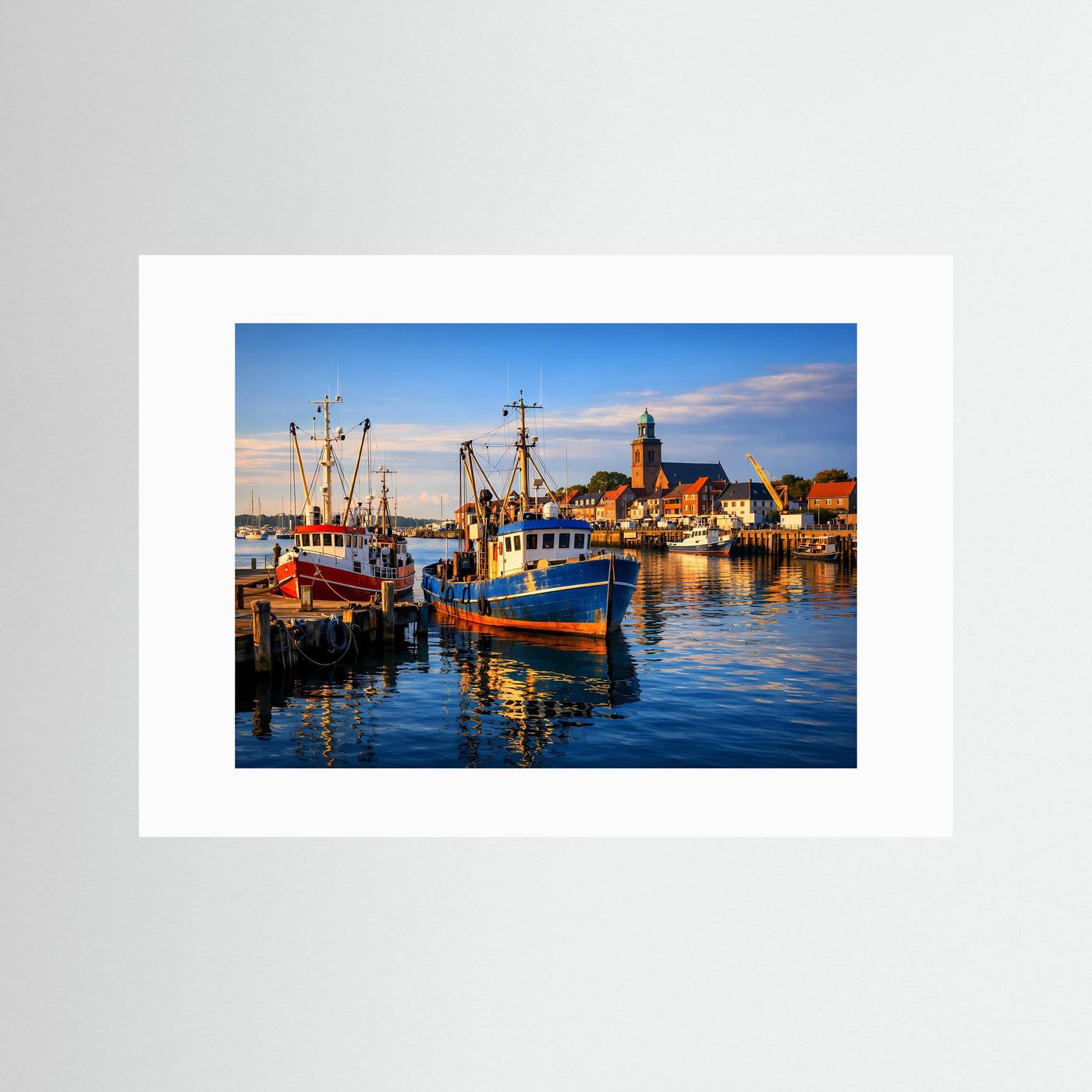 Querformat-Poster mit Fischereihafen, Leuchtturm und blauen Schiffen, ohne Rahmen