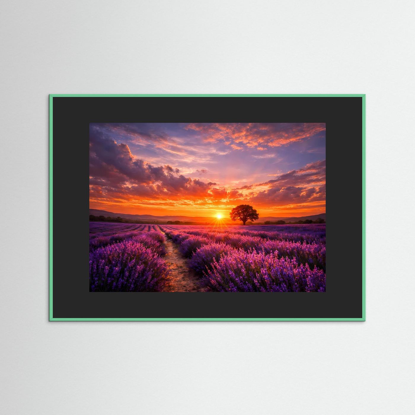 Poster mit dunklem Holzrahmen und Lavendelfeld bei Sonnenuntergang.