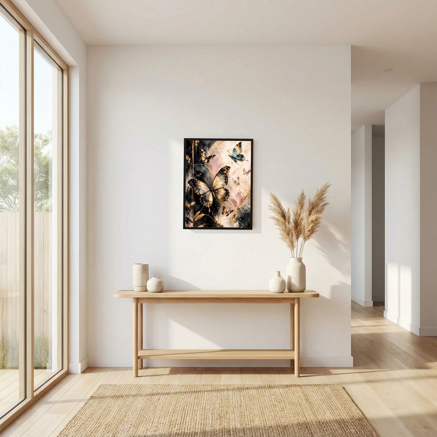Poster im schwarzen Rahmen mit gold-schwarzen Schmetterlingen über der Konsole