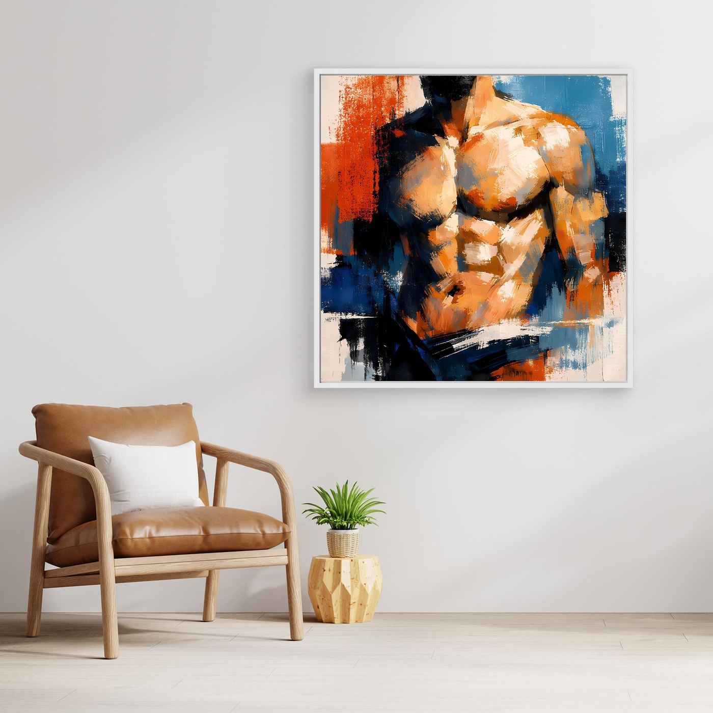 Abstract canvas wall art of a muscular male torso, orange and blue brushstrokes, white frame