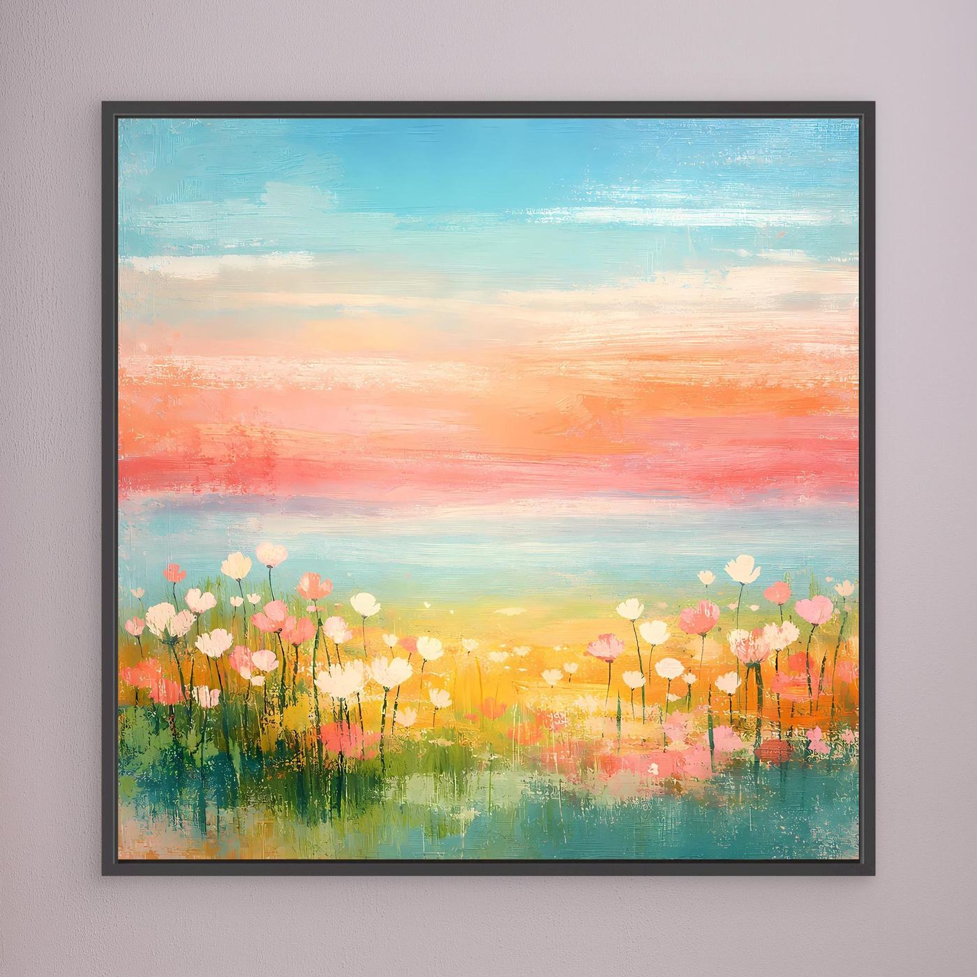 Leinwand-Wandbild mit abstrakter Blumenwiese am Meer und Pastellhimmel, schwarz gerahmt