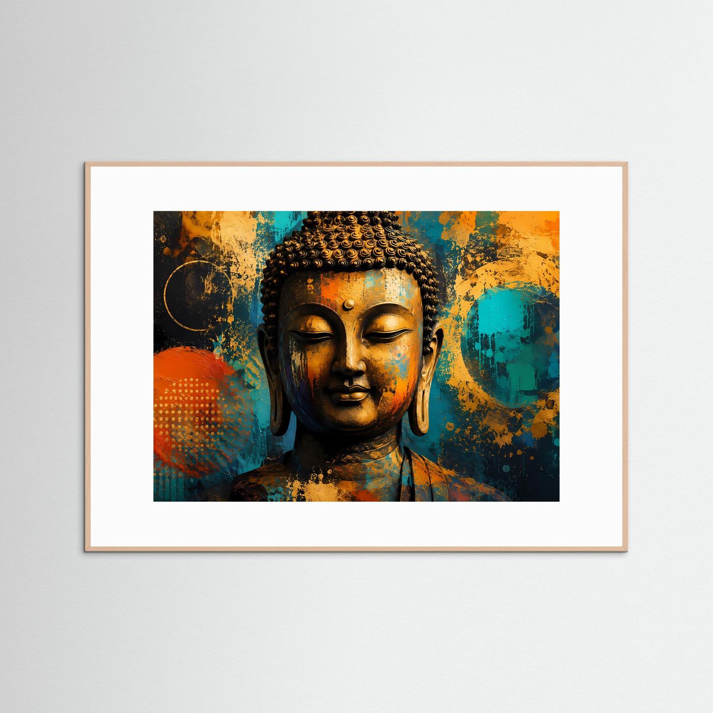 Goldener Buddha mit abstrakten Kreisen | Spirituelles Zen & Mindfulness Poster im Hochformat