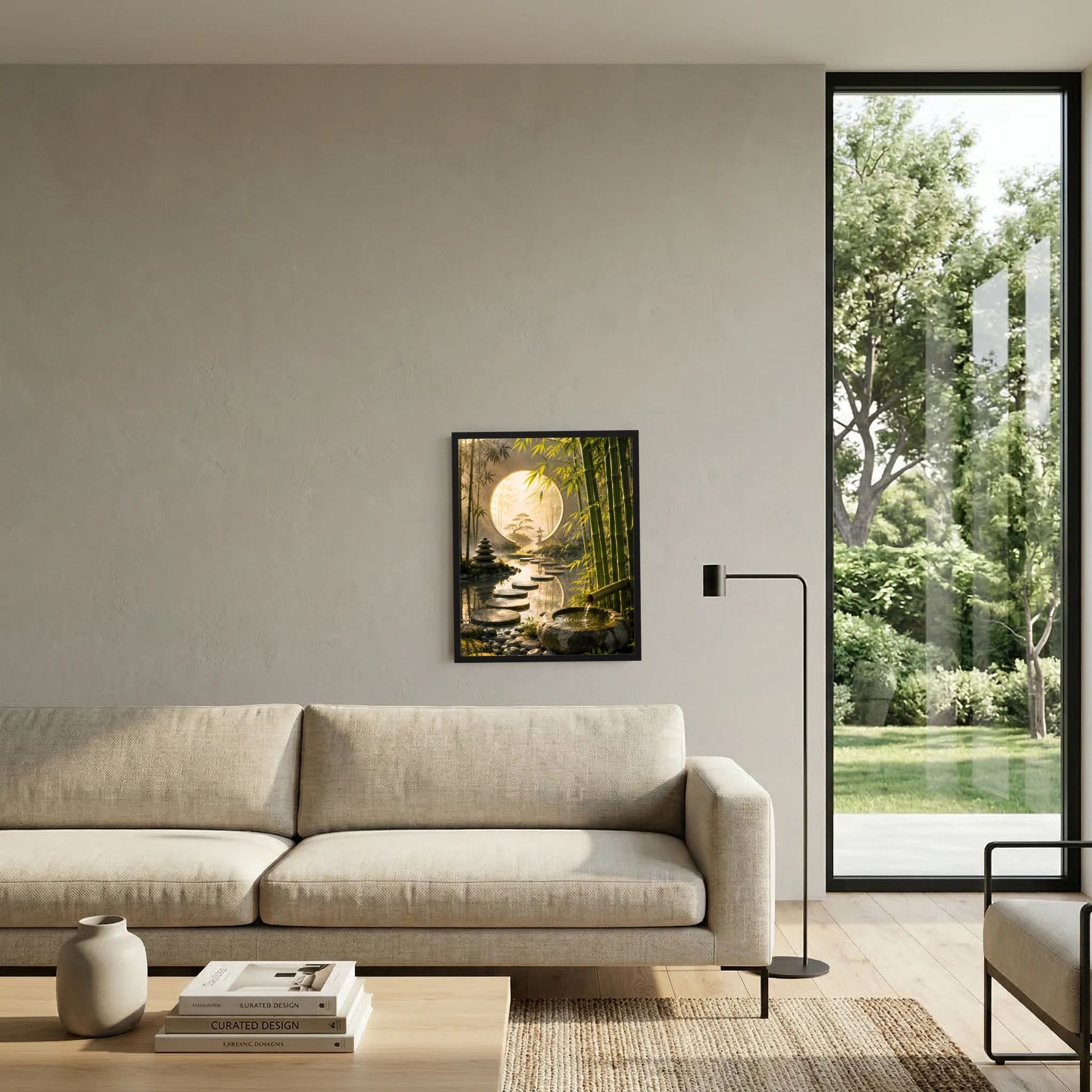 Zen-Garten-Poster im Hochformat mit schwarzem Rahmen, Bambus und rundes Mondtor