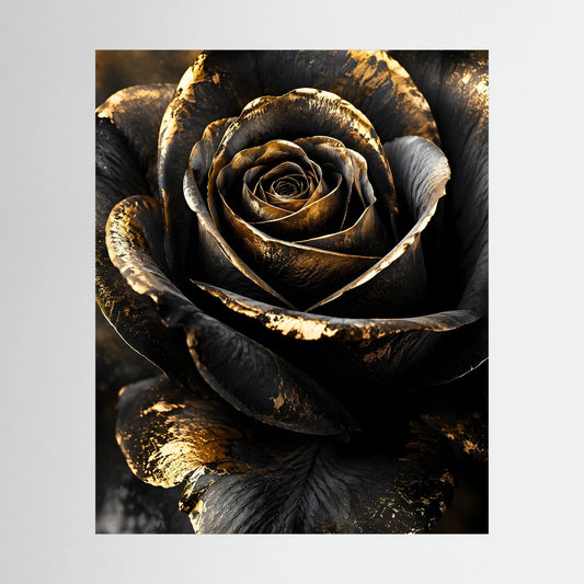 Gerahmtes Kunstposter mit schwarzer Rose und goldenen Akzenten, Nahaufnahme