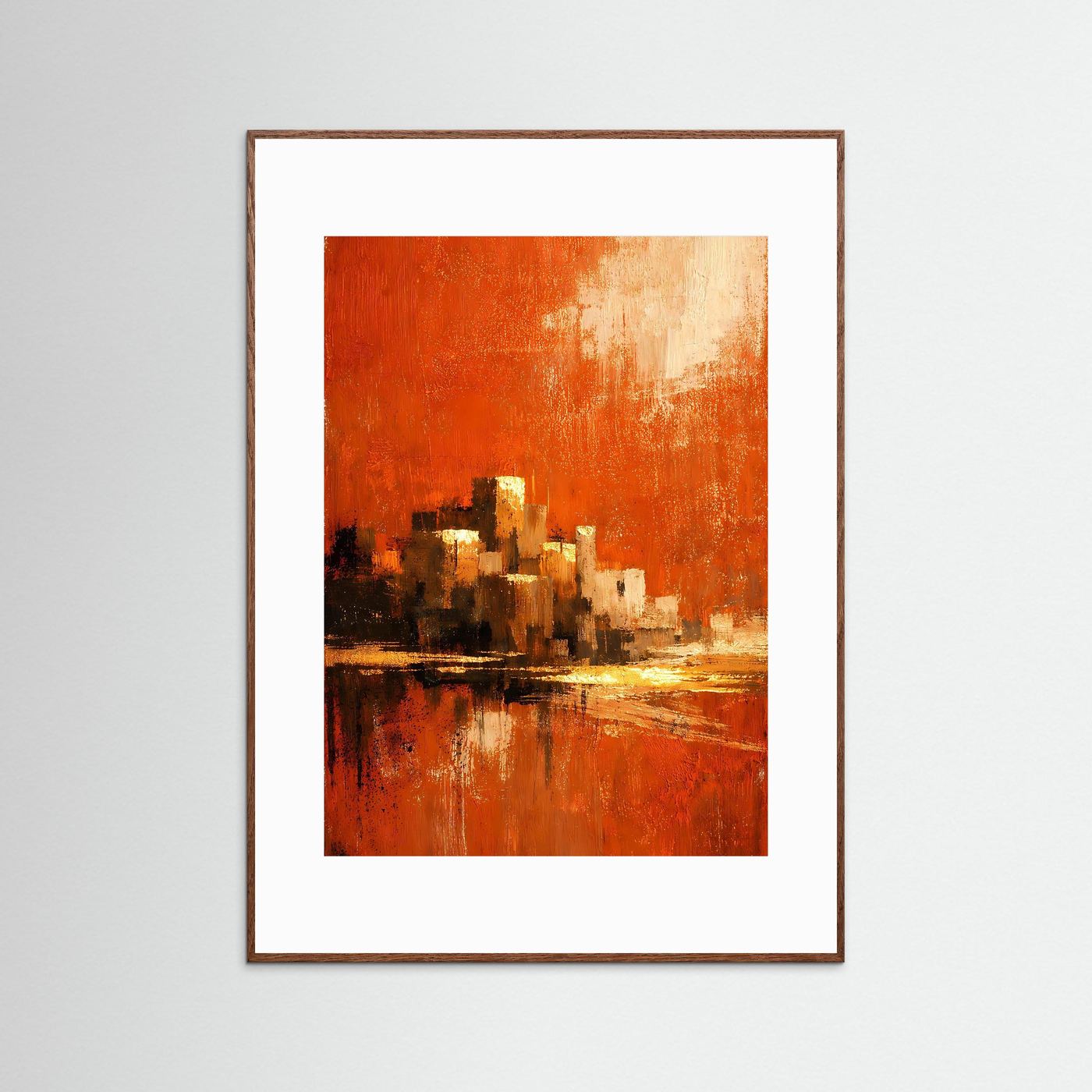 Abstraktes Kunstposter im Hochformat, terrakottaorange mit goldenen Akzenten, dunkelbrauner Rahmen