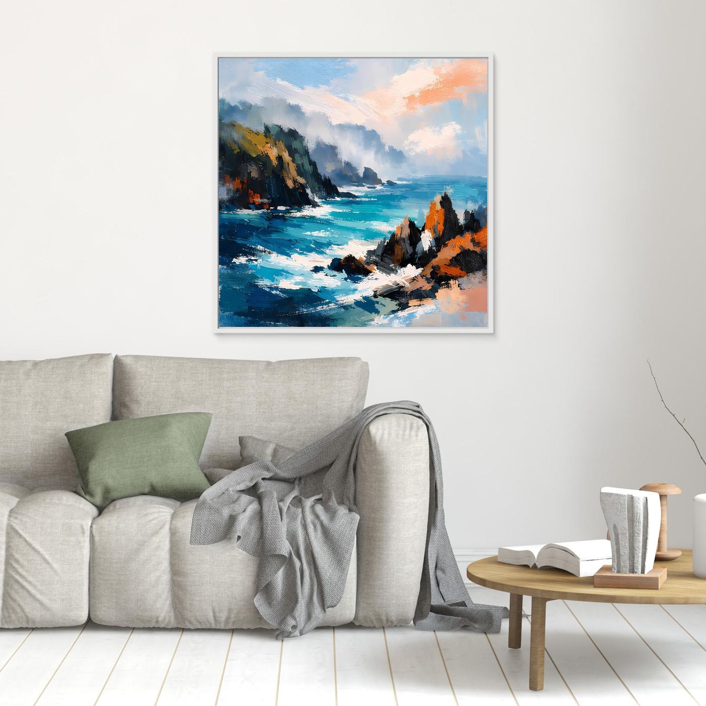Leinwand-Wandbild (klein): abstrakte Küstenfelsen am Meer in Blau, Türkis und Orange, ungerahmt