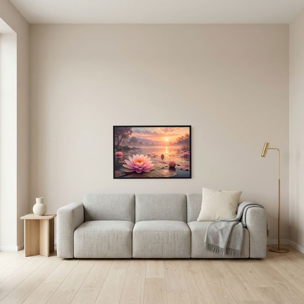 Wandposter im Querformat mit rosa Seerose am See bei Sonnenuntergang, goldener Rahmen