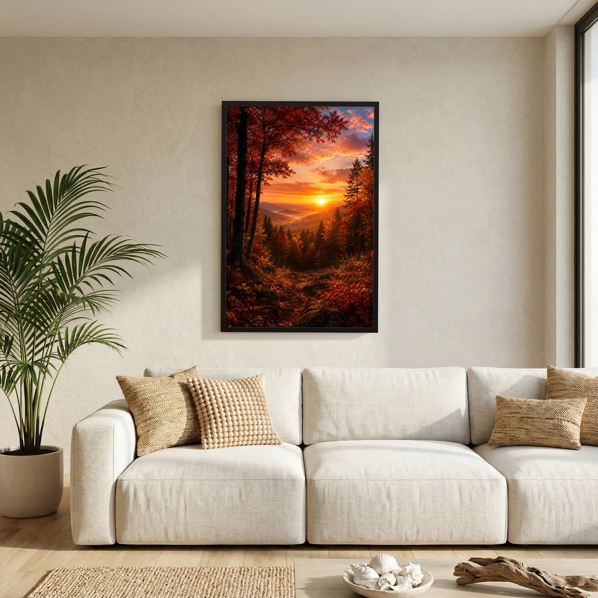 Wandkunst: Kunstposter im schwarzen Rahmen mit Herbstwald und orangefarbener Sonnenuntergangsszene