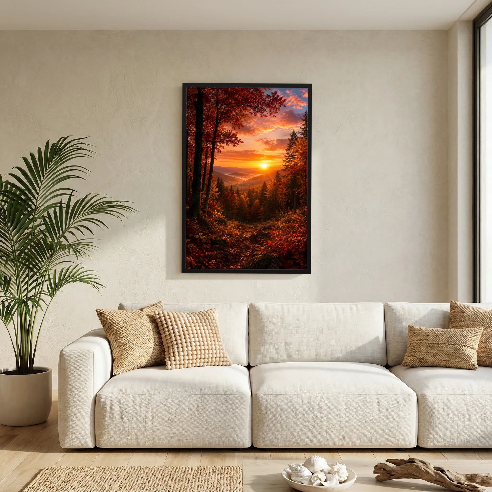Wandkunst: Kunstposter im schwarzen Rahmen mit Herbstwald und orangefarbener Sonnenuntergangsszene