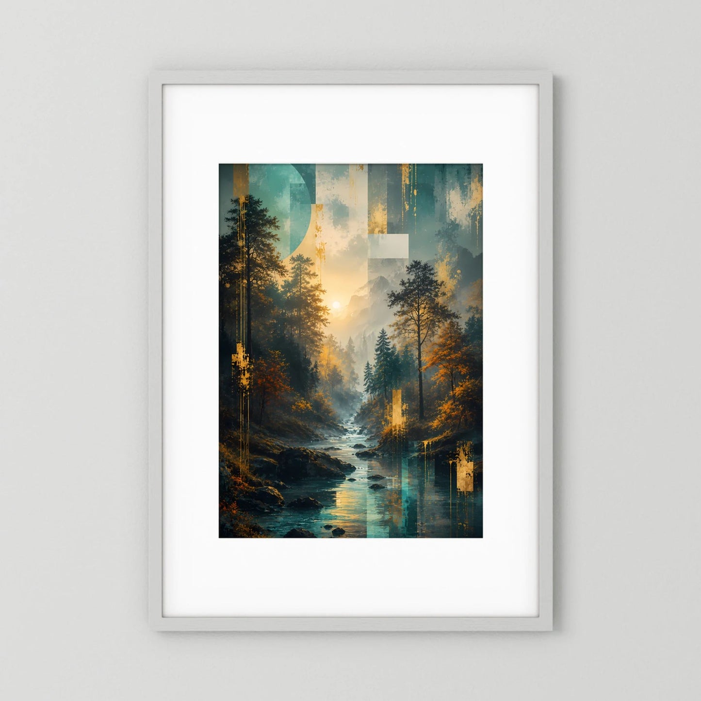 Gerahmtes Poster mit Waldlandschaft, Fluss und goldenen Sonnenstrahlen im Hochformat