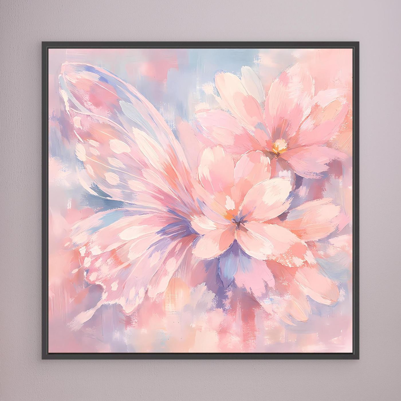 Gerahmte Leinwand (schwarz): pastellfarbene Schmetterlingsblüte mit rosa und blauen Pinselstrichen.