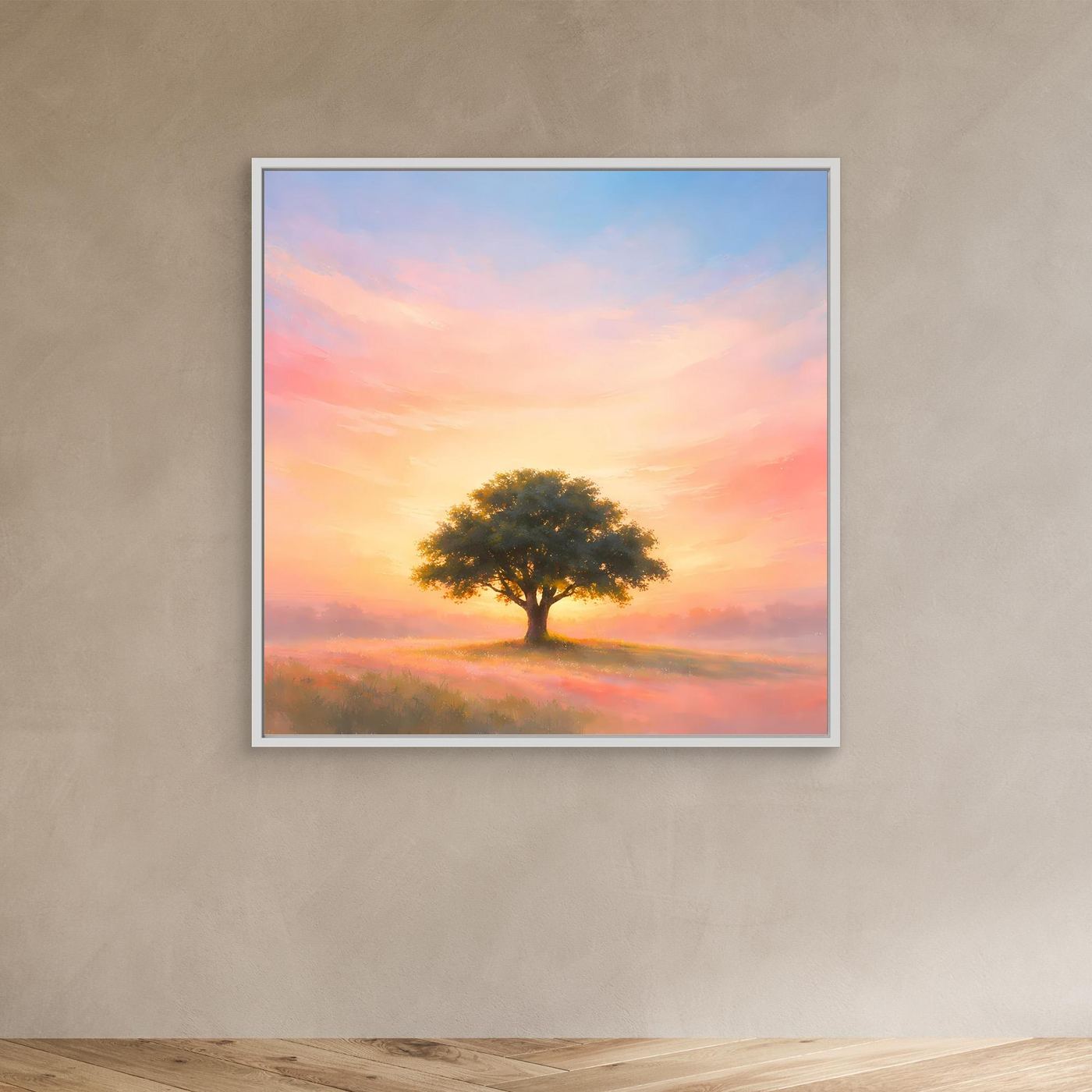 Wandbild mit einsamem Baum beim Sonnenaufgang in Pastell, weißer Bilderrahmen