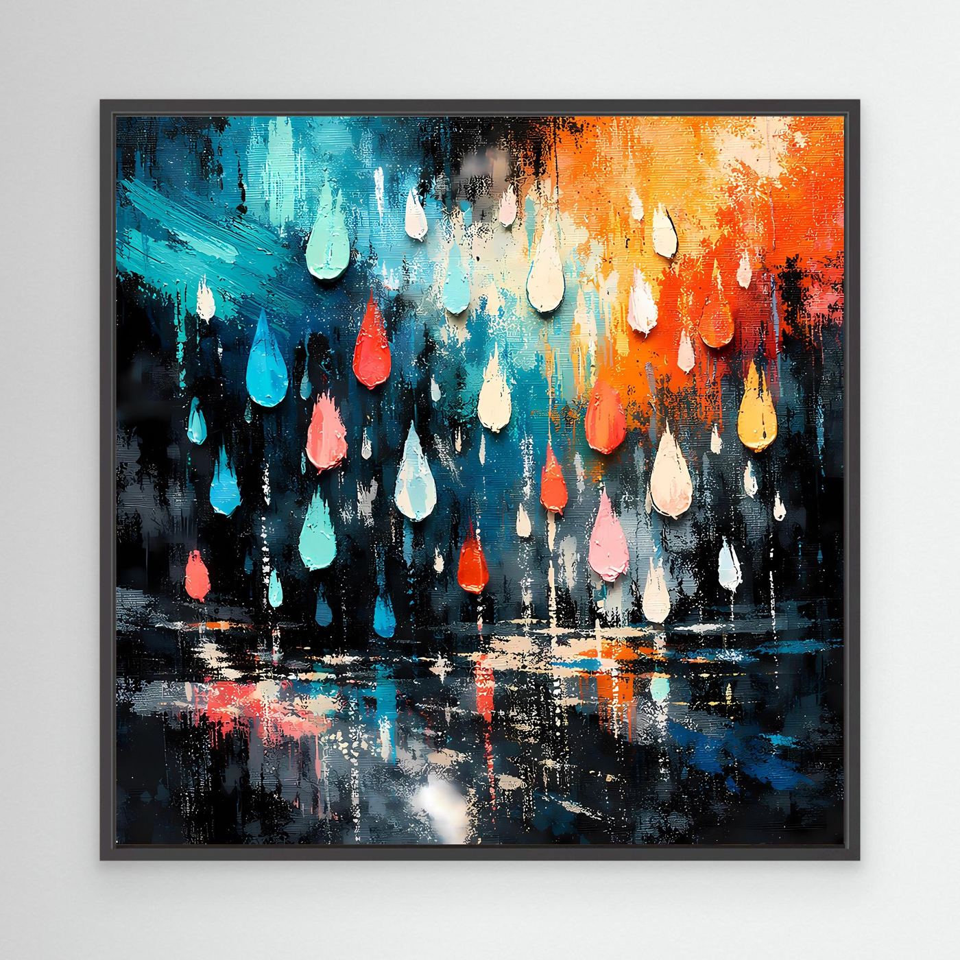 Abstraktes Wandbild mit farbigen Tropfen, türkis und orange; schwarzer Rahmen.