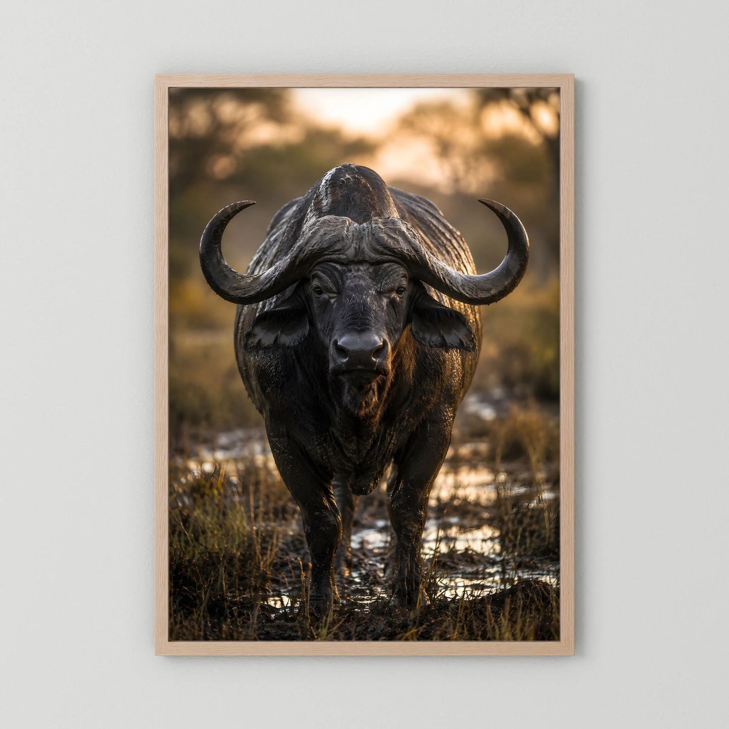 Tierposter mit Kaffernbüffel, heller Holzrahmen, Hochformat