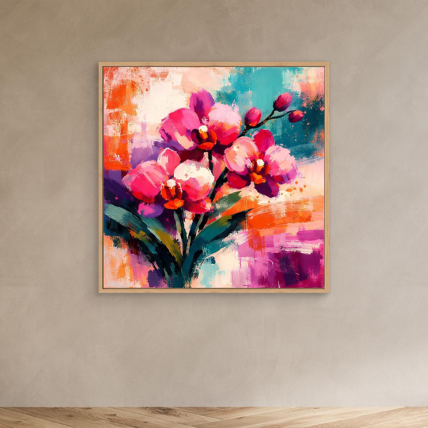 Orchideen-Leinwandbild im abstrakten Stil mit bunten Farben, goldfarbener Rahmen