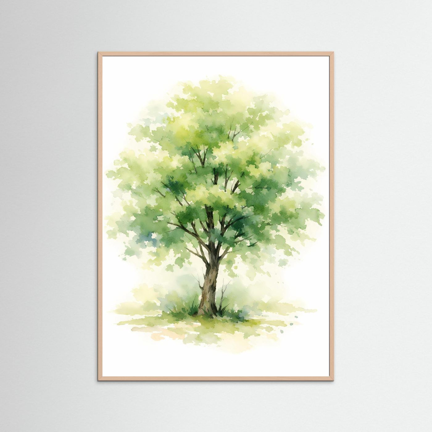Aquarell-Baum-Poster im Hochformat mit braunem Holzrahmen, grünem Blättermeer