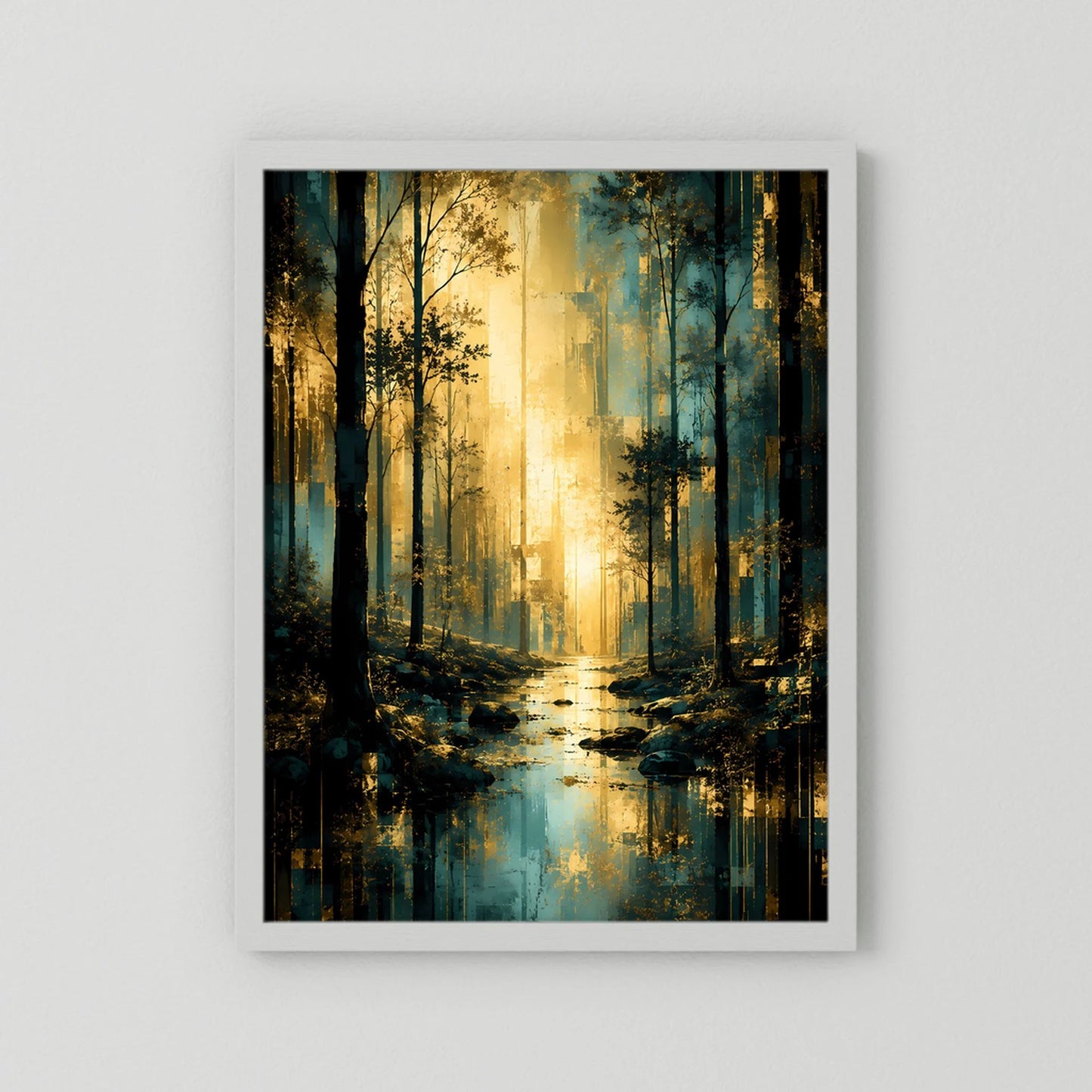 Hochformat-Poster Waldmotiv in Türkis und Gold, weißer Rahmen