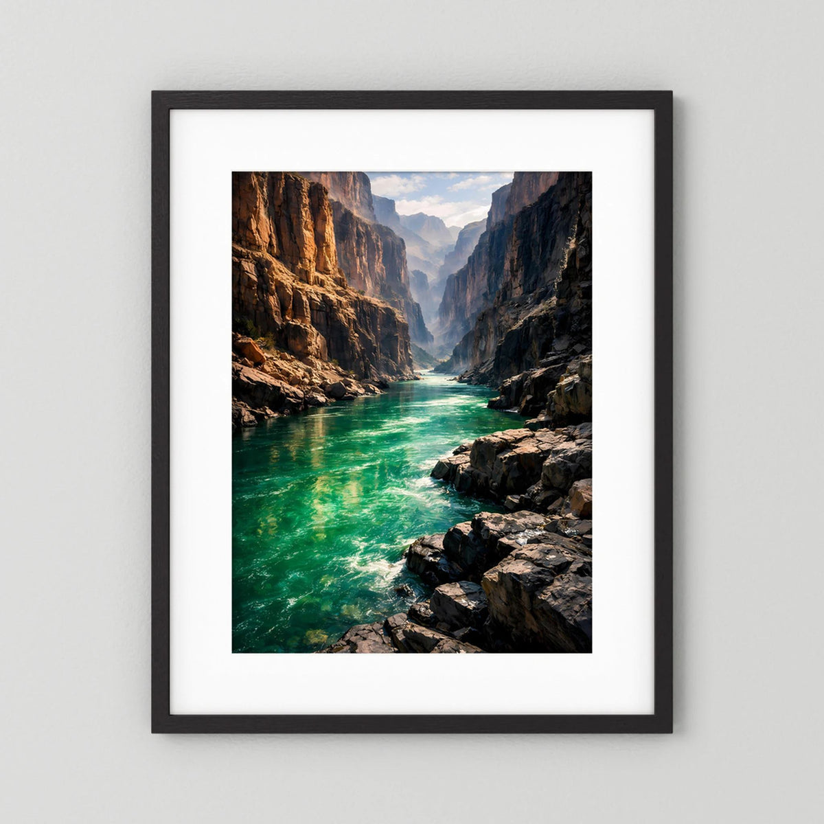Wandbild mit Canyon und türkisgrünem Fluss, schwarzer Rahmen mit weißer Umrandung, Hochformat