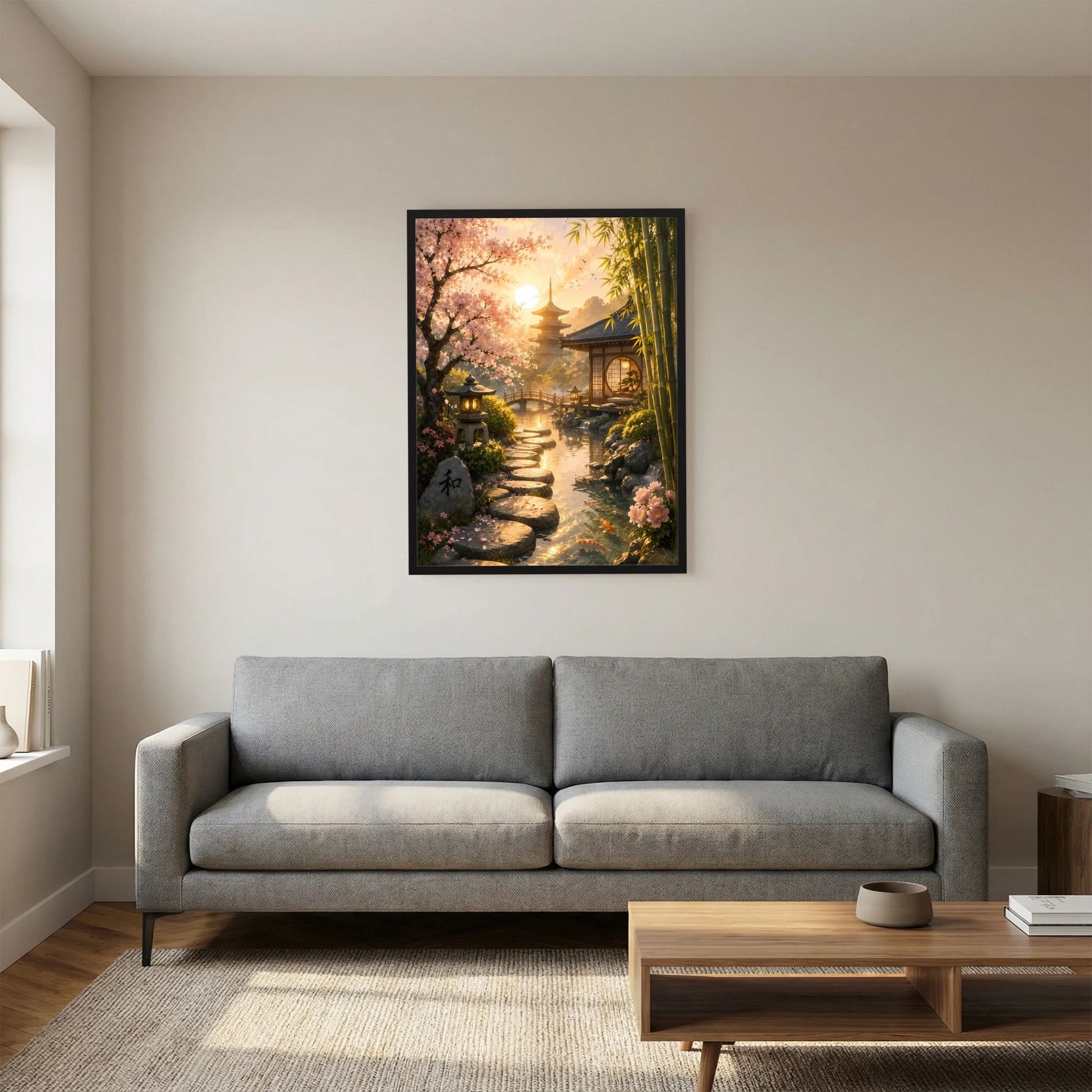 Hochformat-Poster mit Kirschblüten, Bambus und Pfad zur Pagode, schwarzer Rahmen