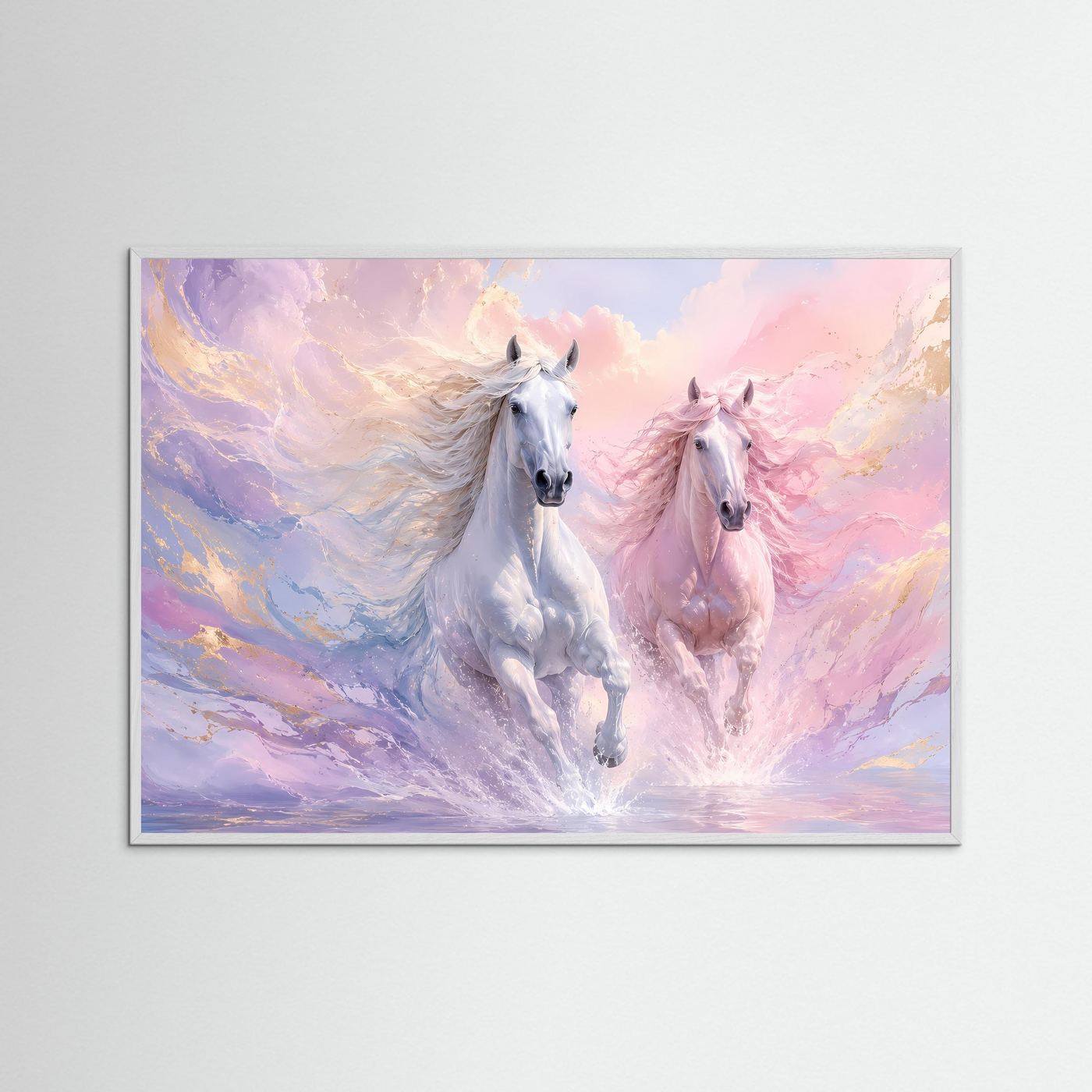 Pferde Poster Querformat | Elegante Weiße Pferde in Pastellfarben | Modernes Wandbild mit Goldakzenten