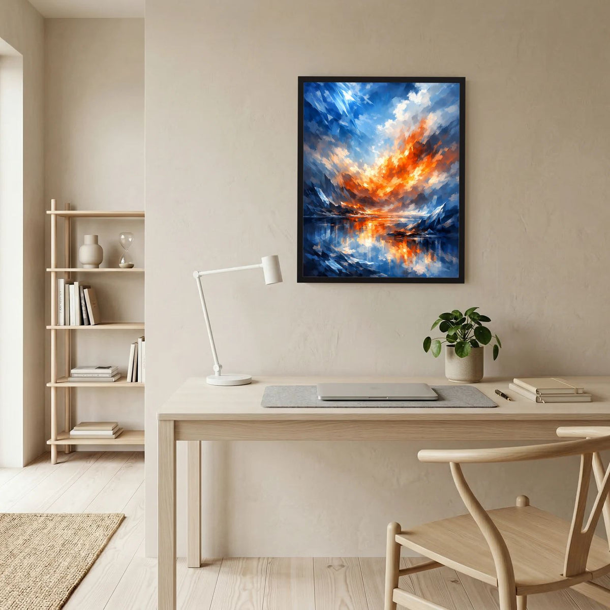 Gerahmtes abstraktes Poster mit blauem Himmel, orangefarbener Flamme und Wasserreflexion