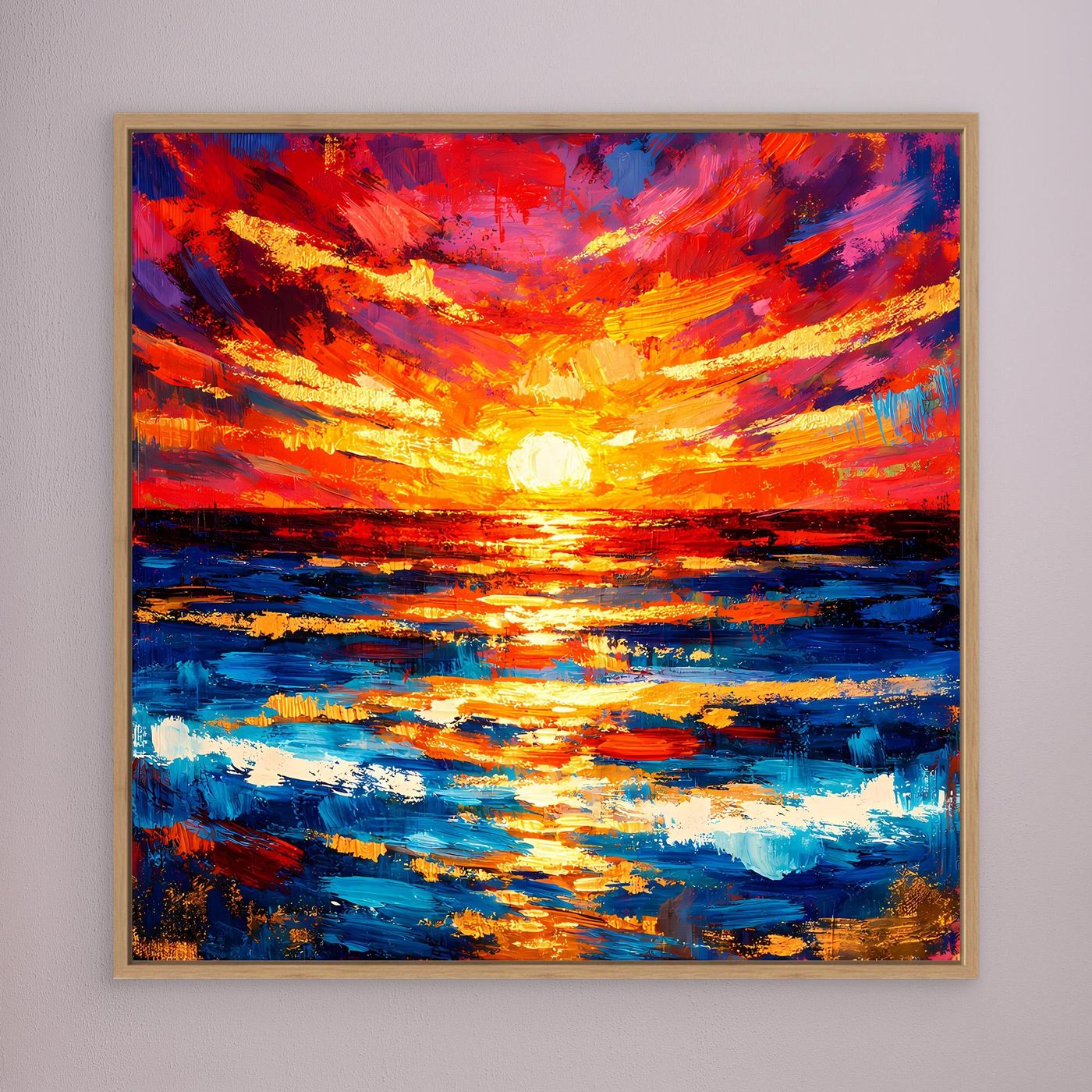 Leinwandbild mit abstrahiertem Sonnenuntergang über dem Meer, farbige Pinselstreifen, hellbrauner Rahmen.