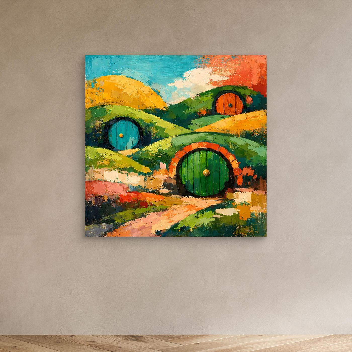 Abstraktes Leinwand-Wandbild mit Hügeln und drei runden Türen in grün-gelb-orangen Farben