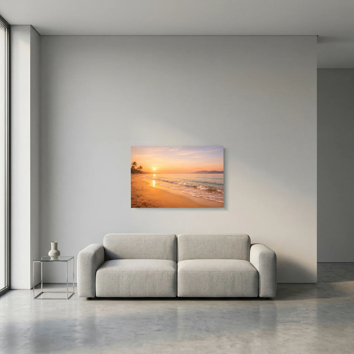 Wandbild Querformat mit Strandpanorama und untergehender Sonne am Meer