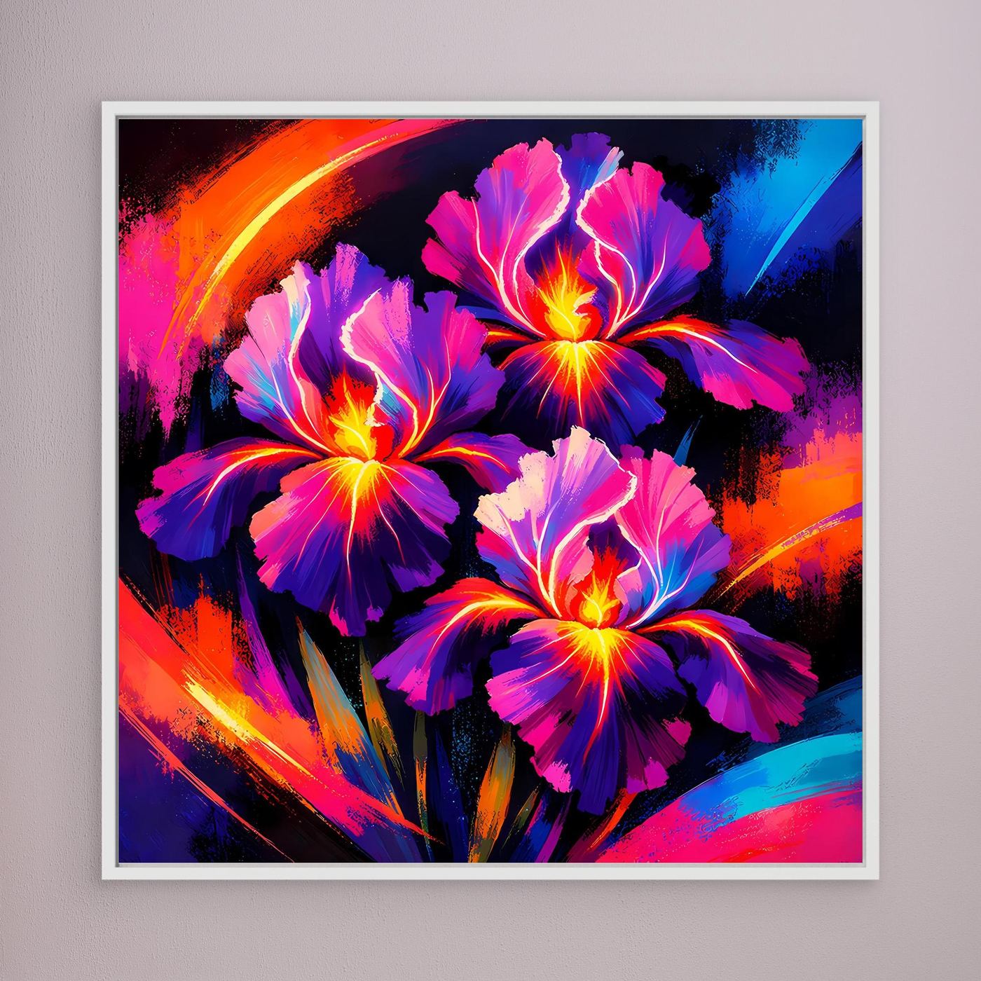 Leinwand-Wandbild mit abstrakten Irisblüten in Neonfarben, weißer Rahmen