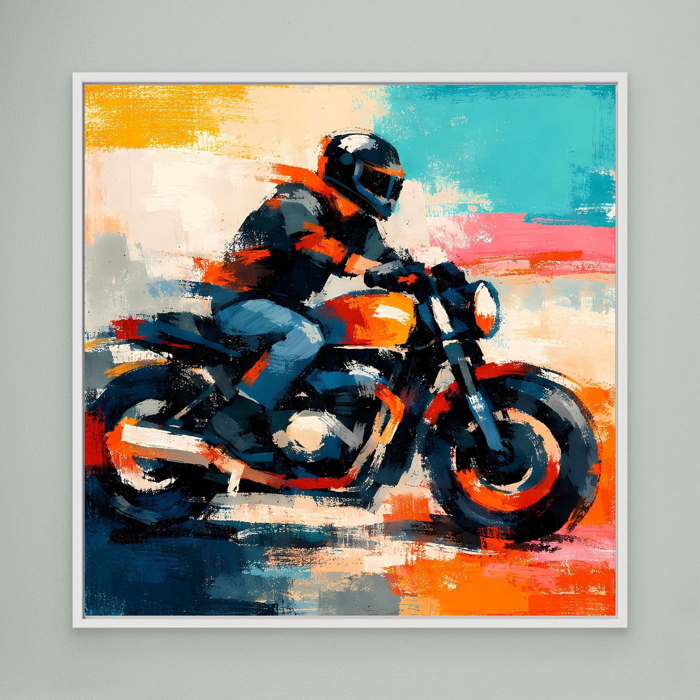 Framed abstract motorcycle canvas print with blue, orange, and black motion strokes