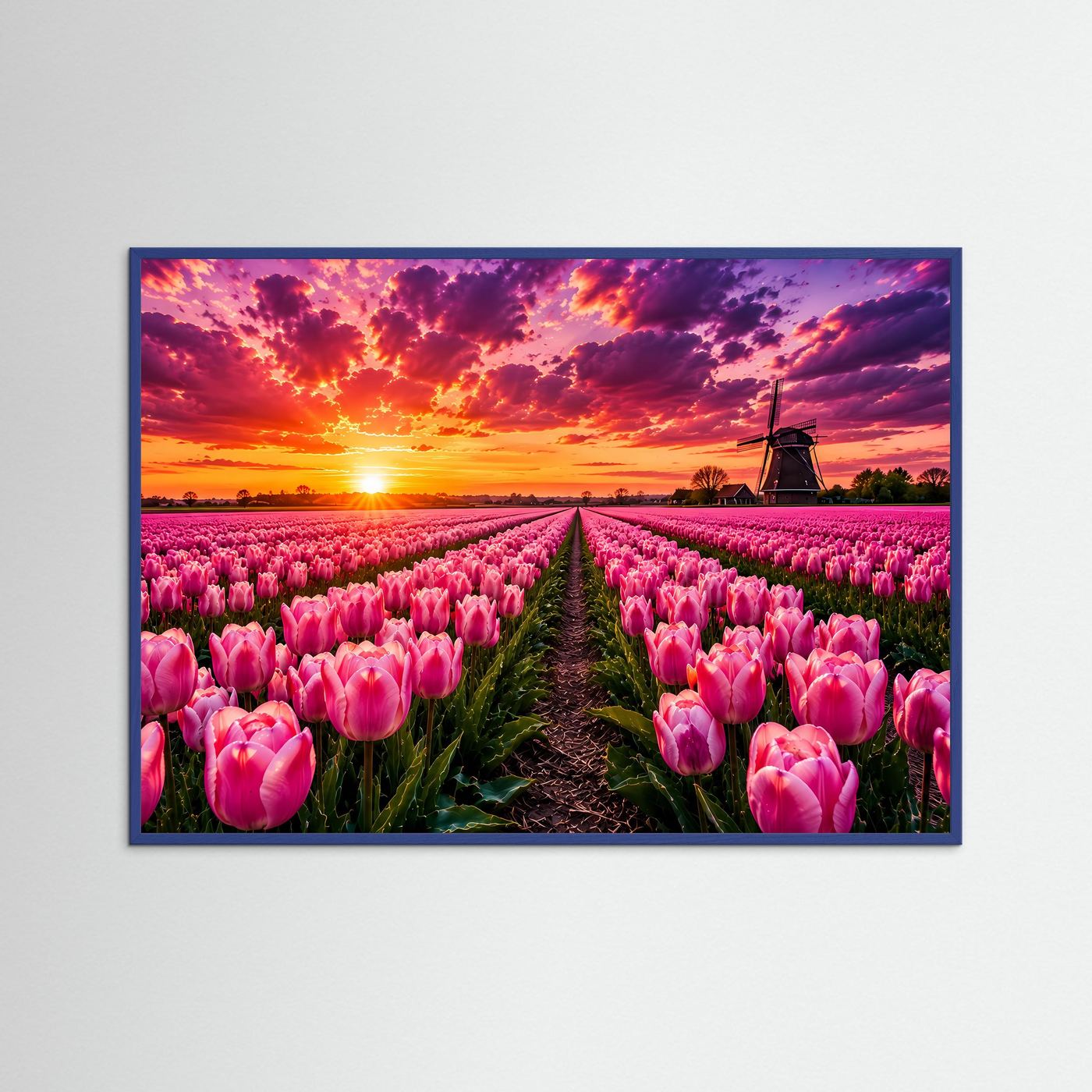 Rosa Tulpenfeld bei Sonnenuntergang | Holland Windmühle Landschaft
