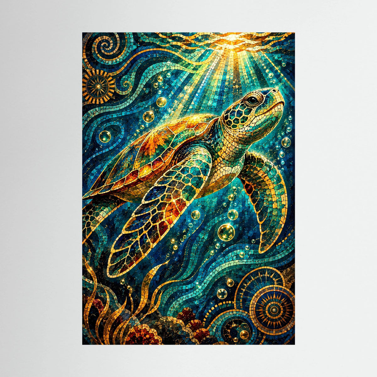 Kunstposter Meeresschildkröte im Mosaik, türkis-gold, frontal, mit orangefarbenen Flossen