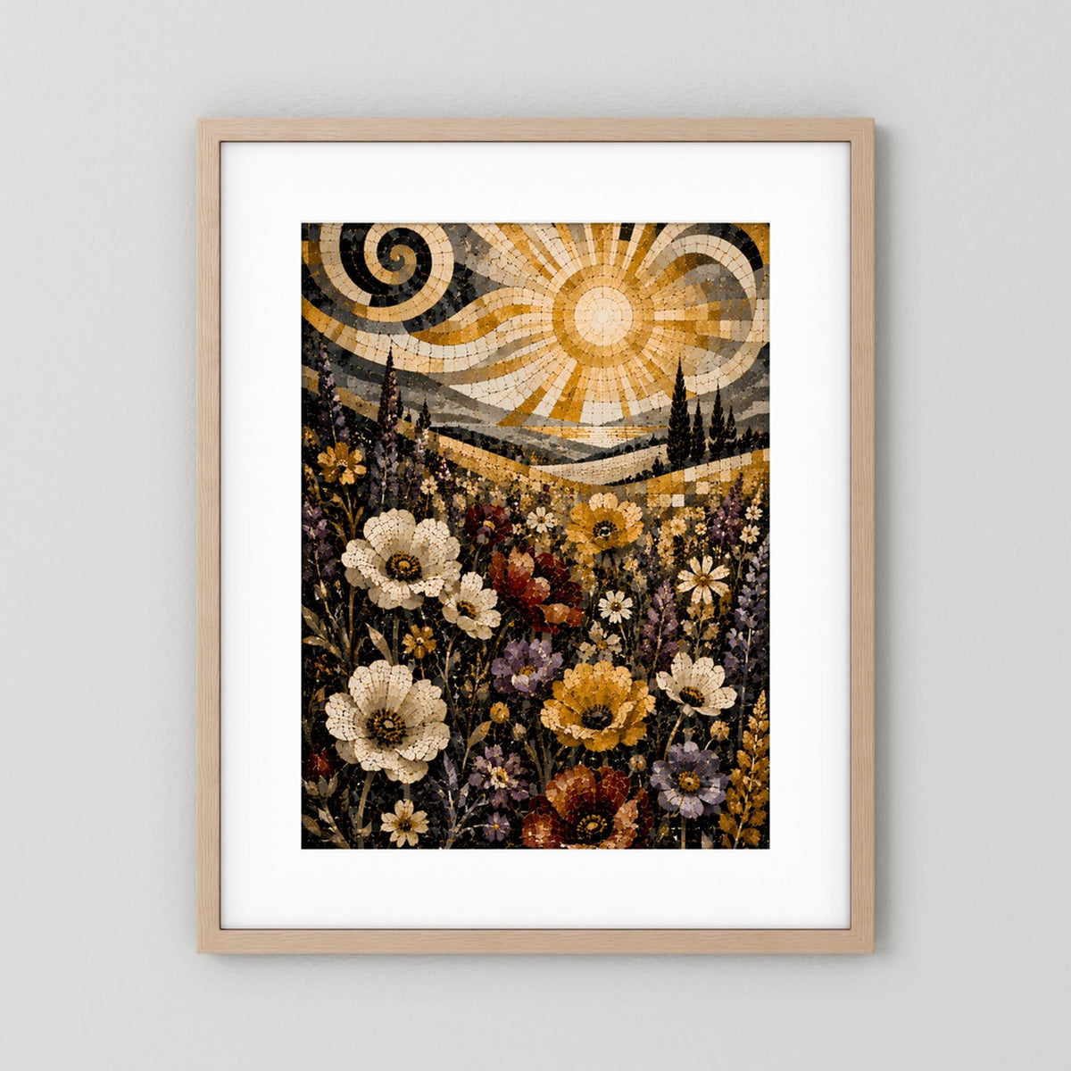 Poster Hochformat mit Mosaikmotiv goldene Sonne und Blumenwiese, naturfarbener Rahmen