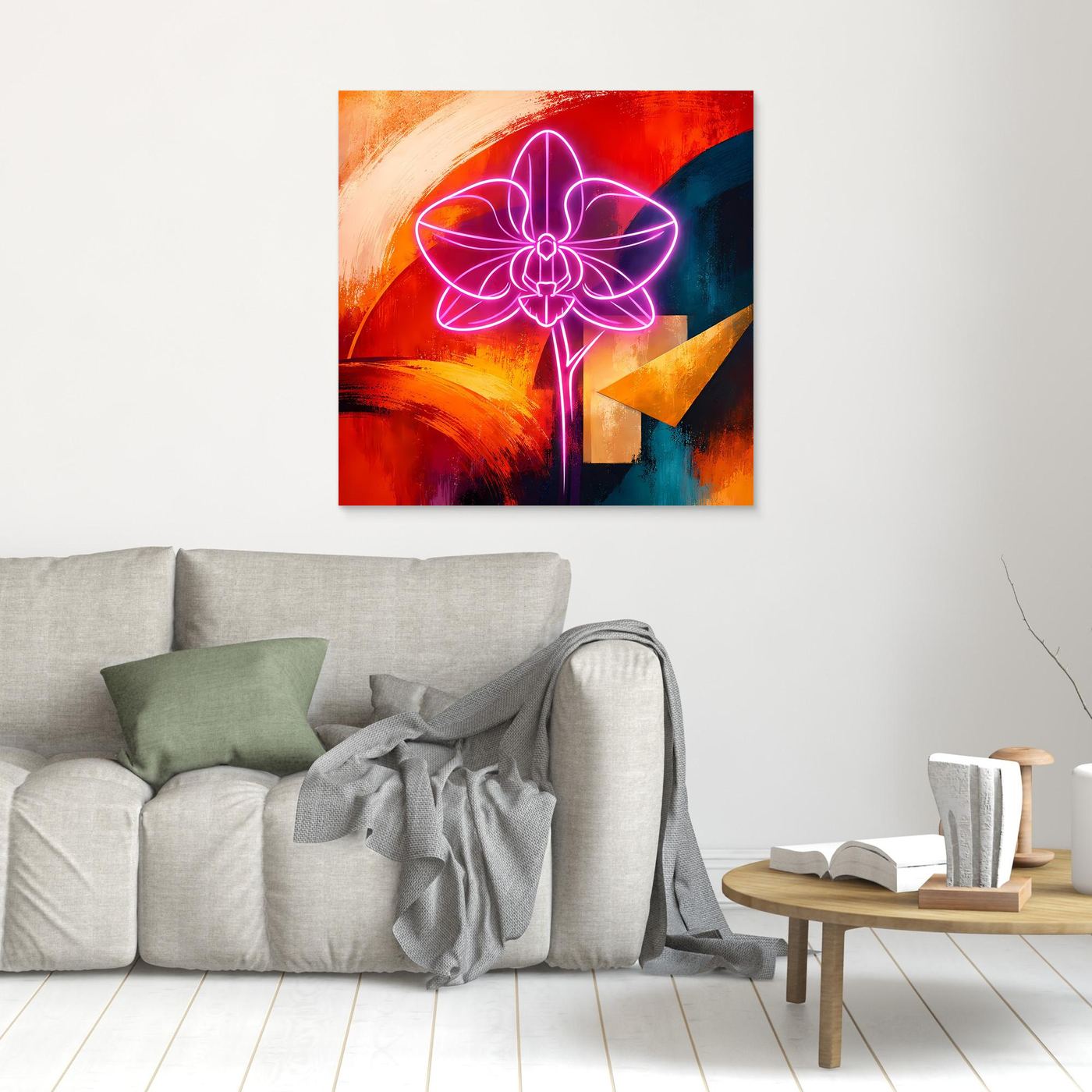 Quadratisches Leinwandbild: leuchtende Orchidee als Neonlinie auf abstraktem Farbgrund, Holzrahmen