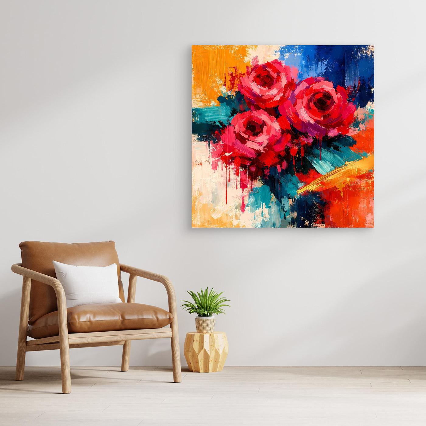 Leinwandbild mit abstrakten roten Rosen, orange-blaue Farbverläufe, quadratisch