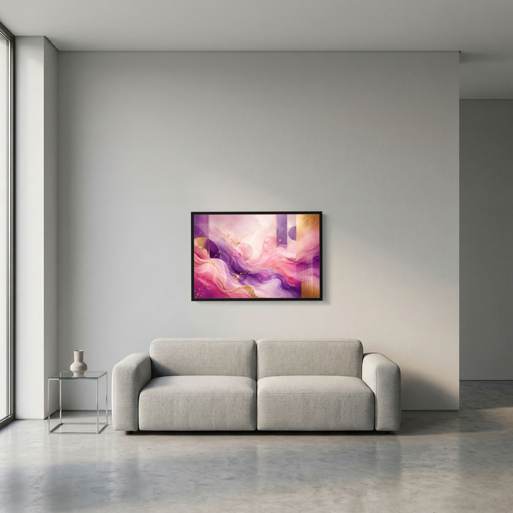 Kleines gerahmtes Poster mit abstrakten Wellen in Pastellrosa und Violett, Goldakzenten, schwarzer Rahmen