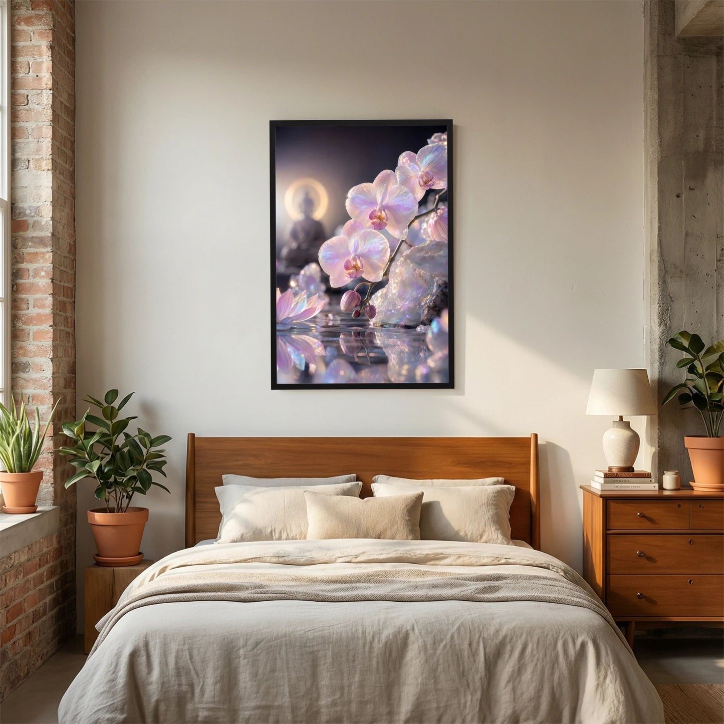 Hochformat-Poster mit Perlmutt-Orchideen, schwarzer Rahmen über Bett