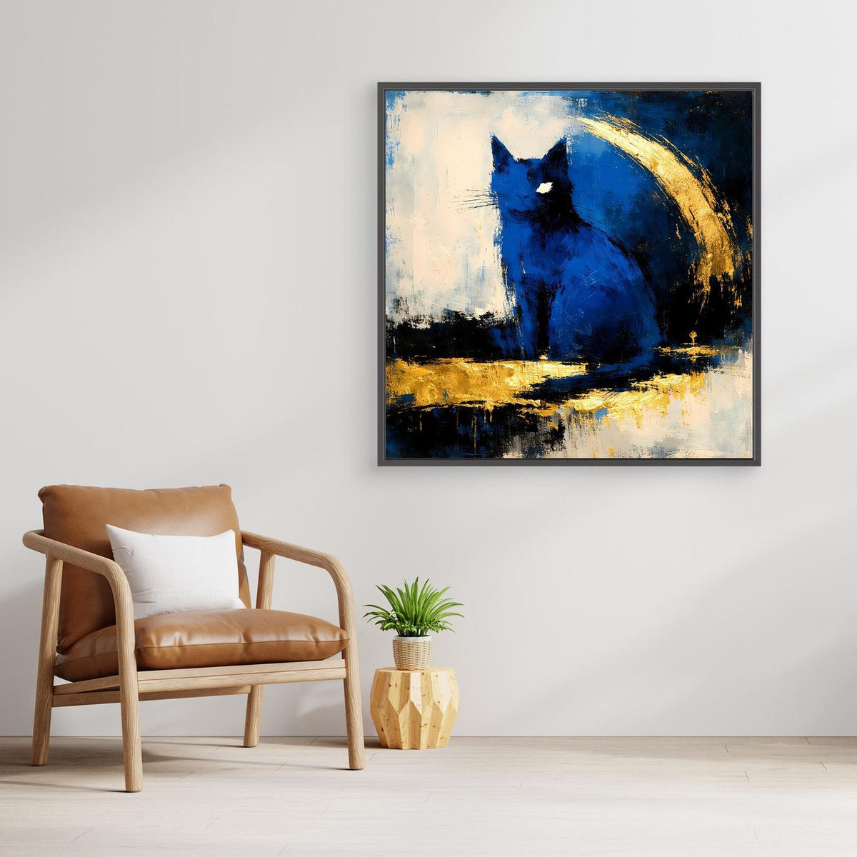 Gerahmtes Leinwandbild: abstrakter Elefant in Blau mit goldener Rundung, dunkler Rahmen