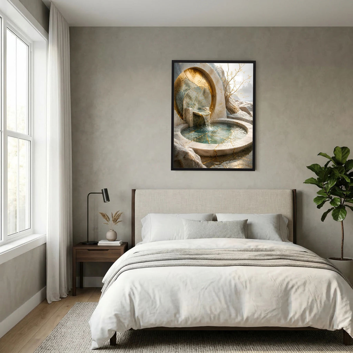 Hochformat-Poster mit goldener Quellnische, Naturstein-Optik und türkis schimmerndem Wasserbecken