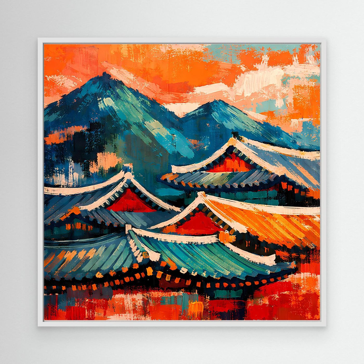 Leinwand-Wandbild mit abstrakten asiatischen Dächern und Bergen, weißer Rahmen
