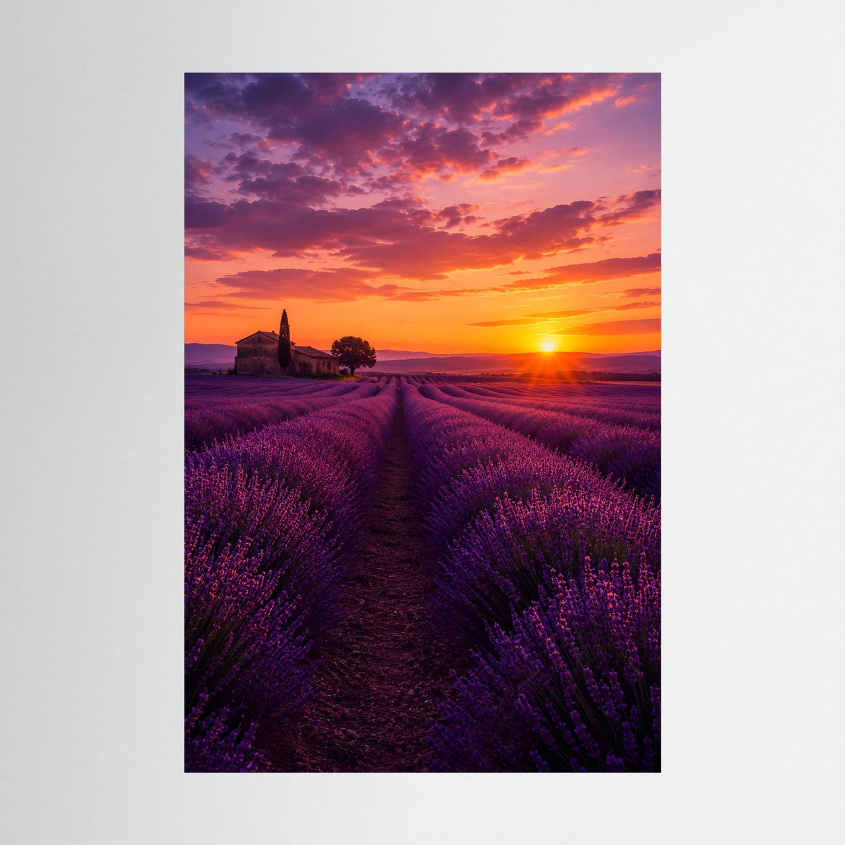 Landschaftsposter mit violettem Lavendelfeld und goldenem Sonnenuntergang im Hochformat