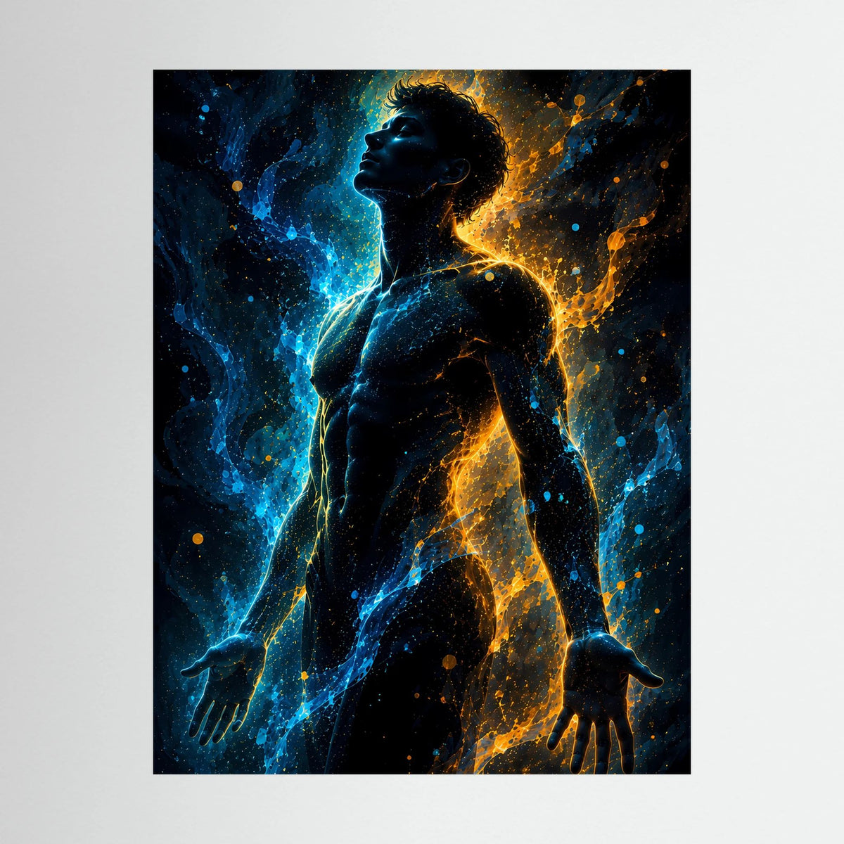 Posterbild mit männlicher Silhouette in Blau und Gold, nahansicht mit Energiemuster