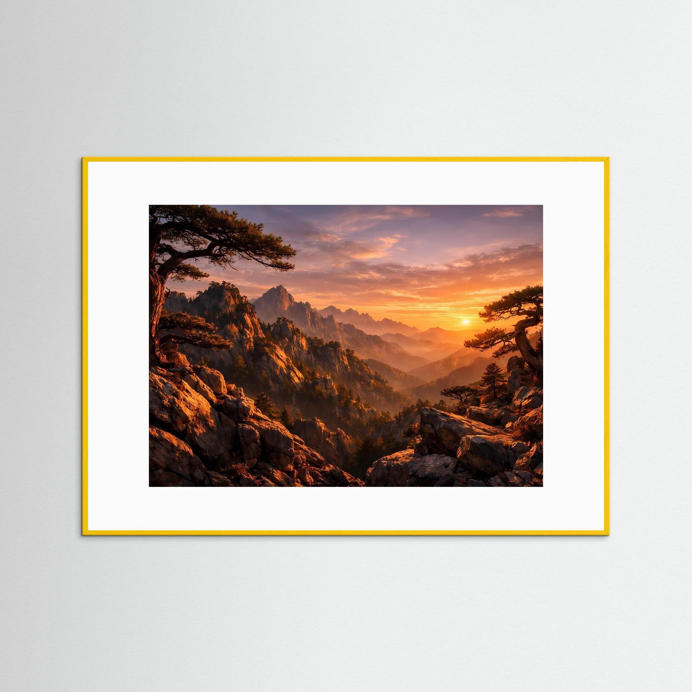 Poster Alpenlandschaft bei Sonnenuntergang, gelber Rahmen mit weißem Rand
