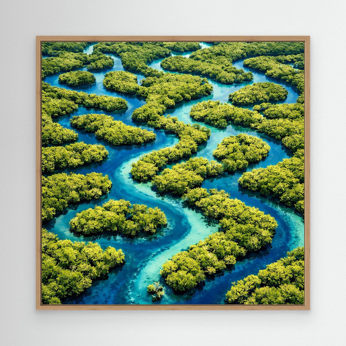 Leinwandbild Wasserlabyrinth mit Holzrahmen: türkisblauer Fluss zwischen grünen Inseln