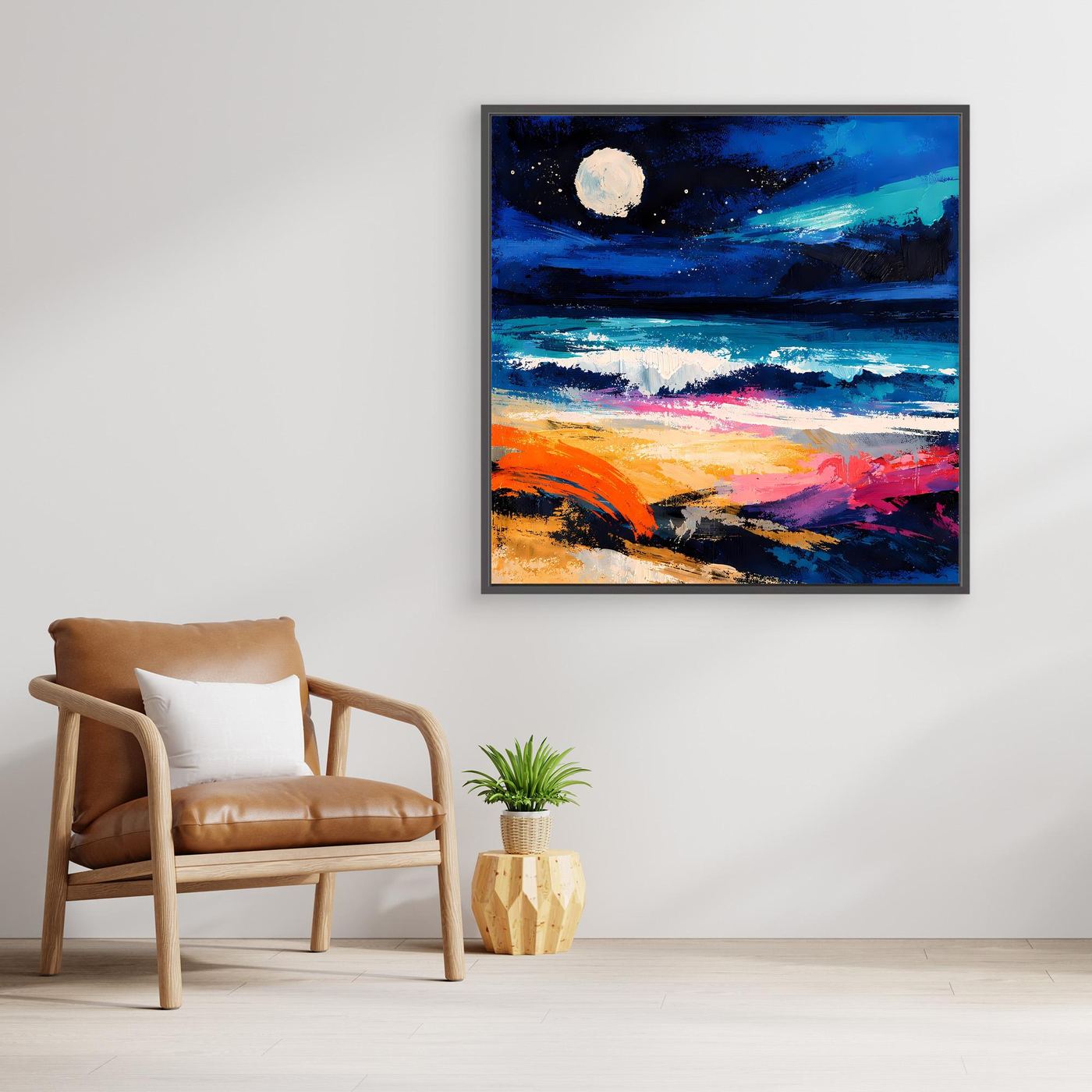 Abstraktes Leinwandbild der Küste: Vollmond, Wellen und Farben von Blau bis Pink, Holzrahmen