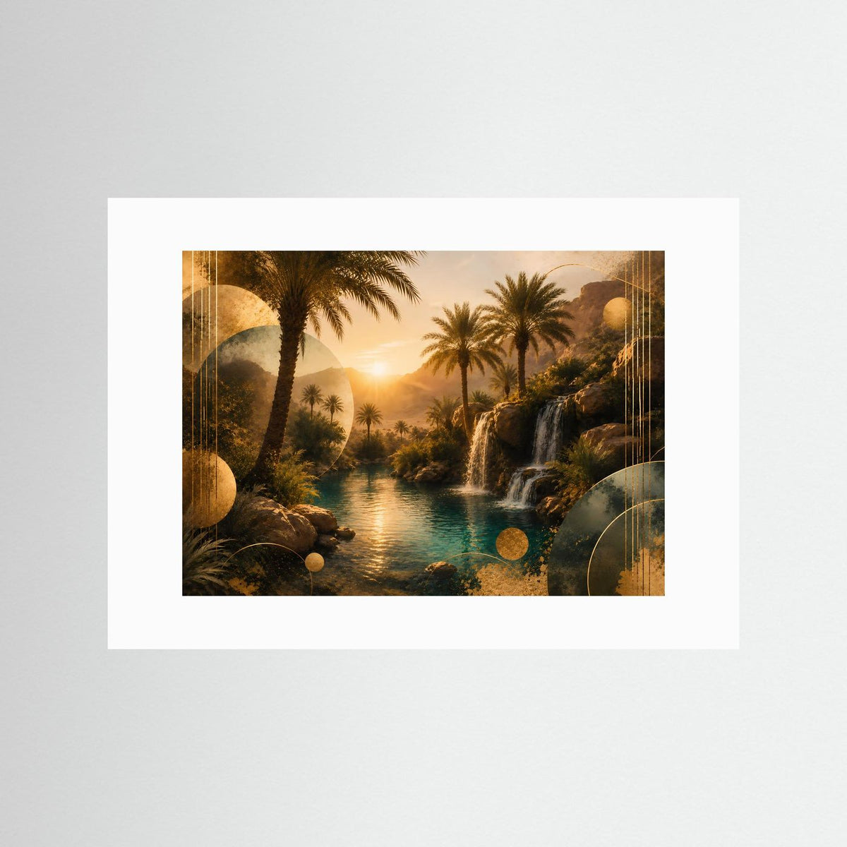 Horizontales Poster mit Palmen und Wasserfall, türkisfarbener Fluss, mit weißem Passepartout