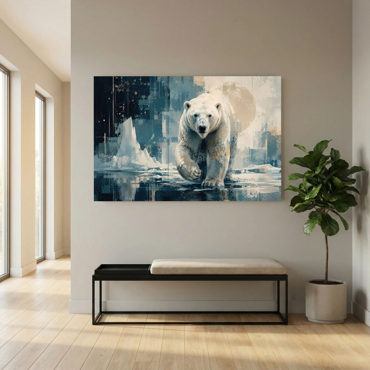 Querformat-Poster mit Eisbär im blau-beigen Abstraktstil, frontal laufend.