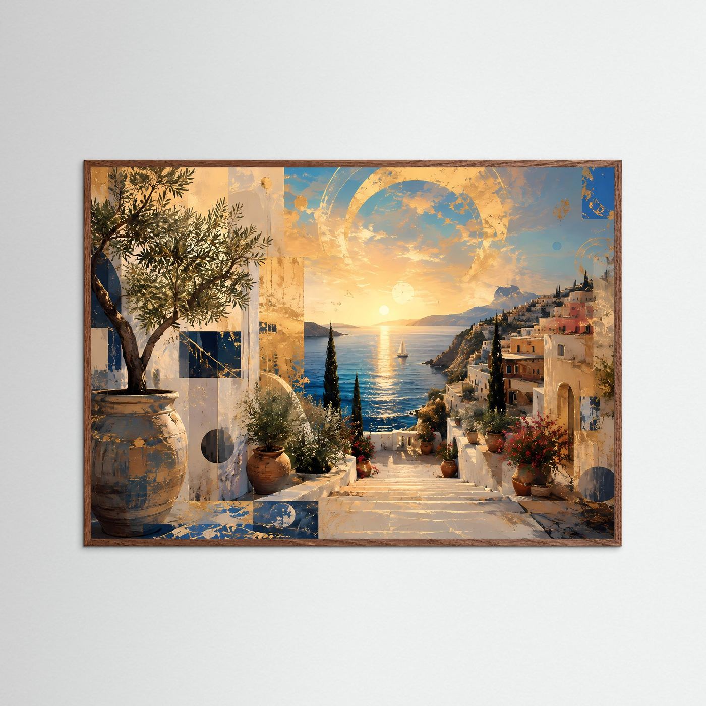 Mediterrane Küste mit Olivenbaum | Abstrakte Wandkunst in Gold & Blau