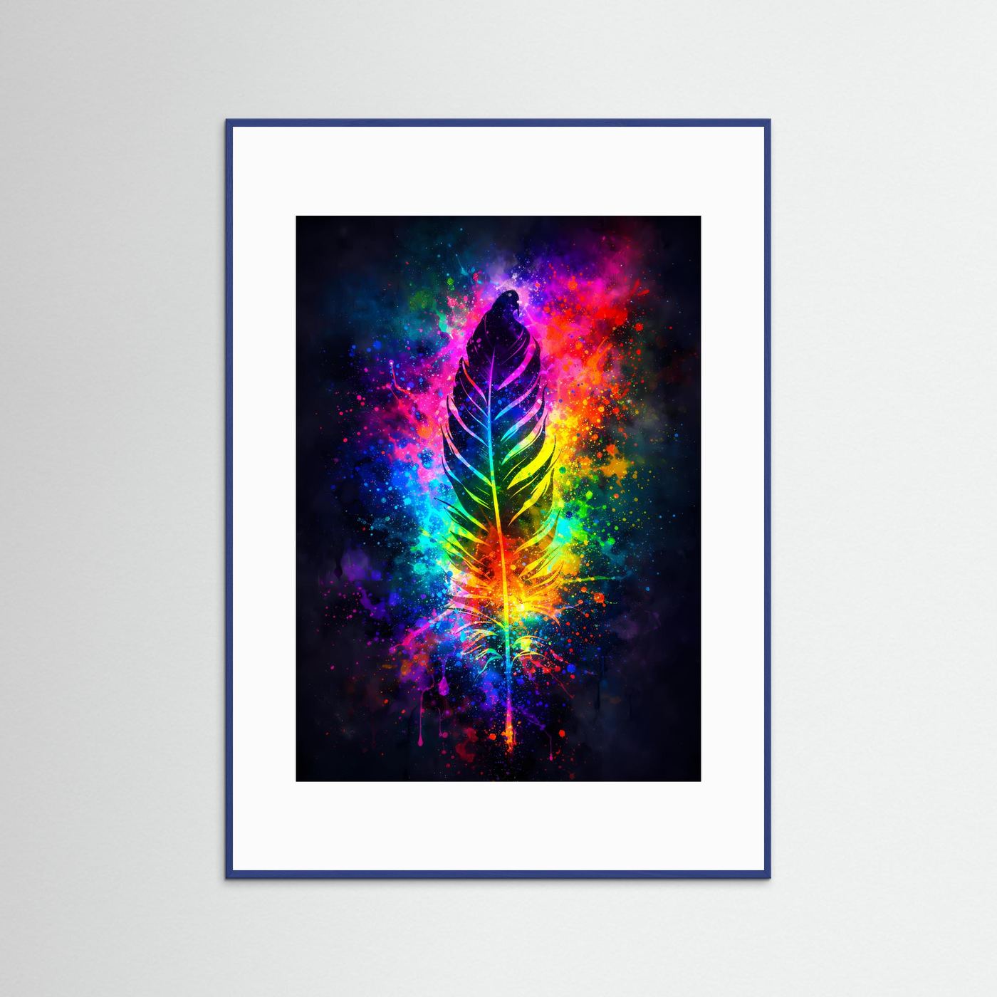 Wandbild mit blauem Holzrahmen und weißem Passepartout, abstrakte Kosmische-Feder
