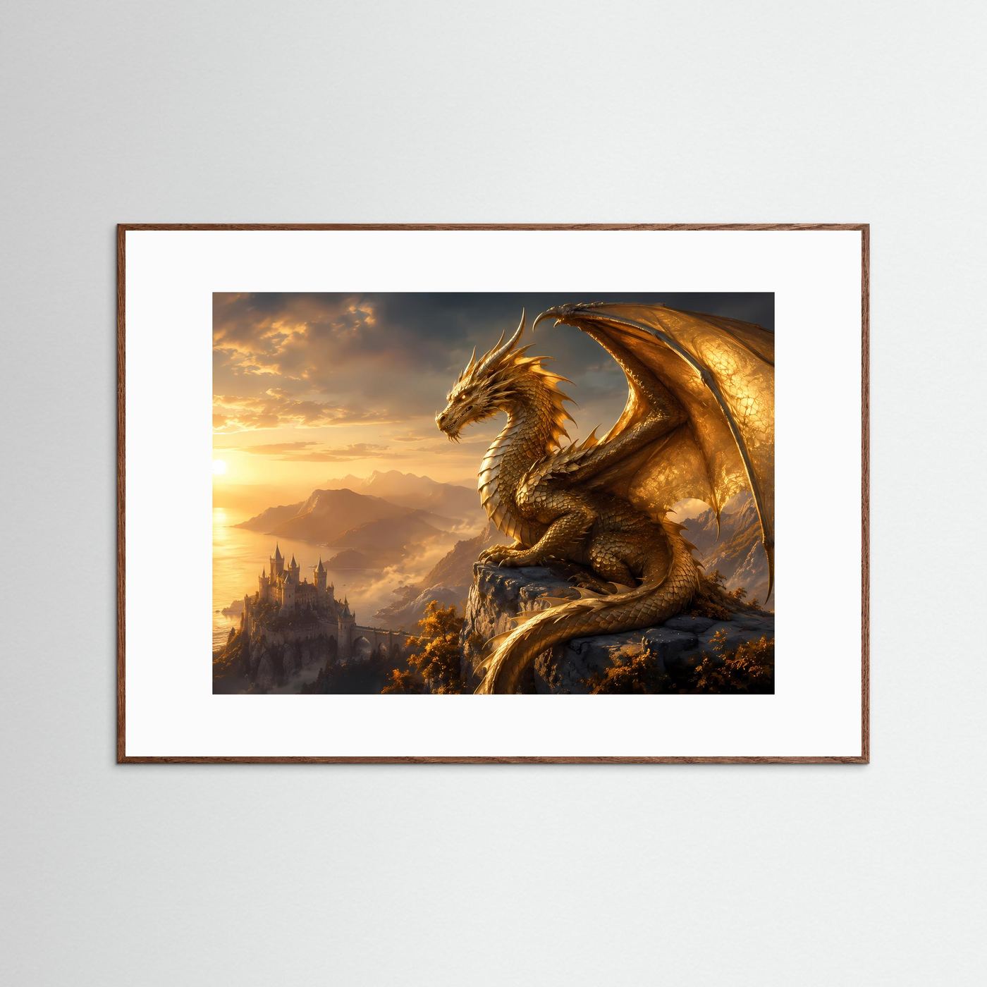 Wandkunst mit goldenem Drachen auf Fels, in braunem Holzrahmen